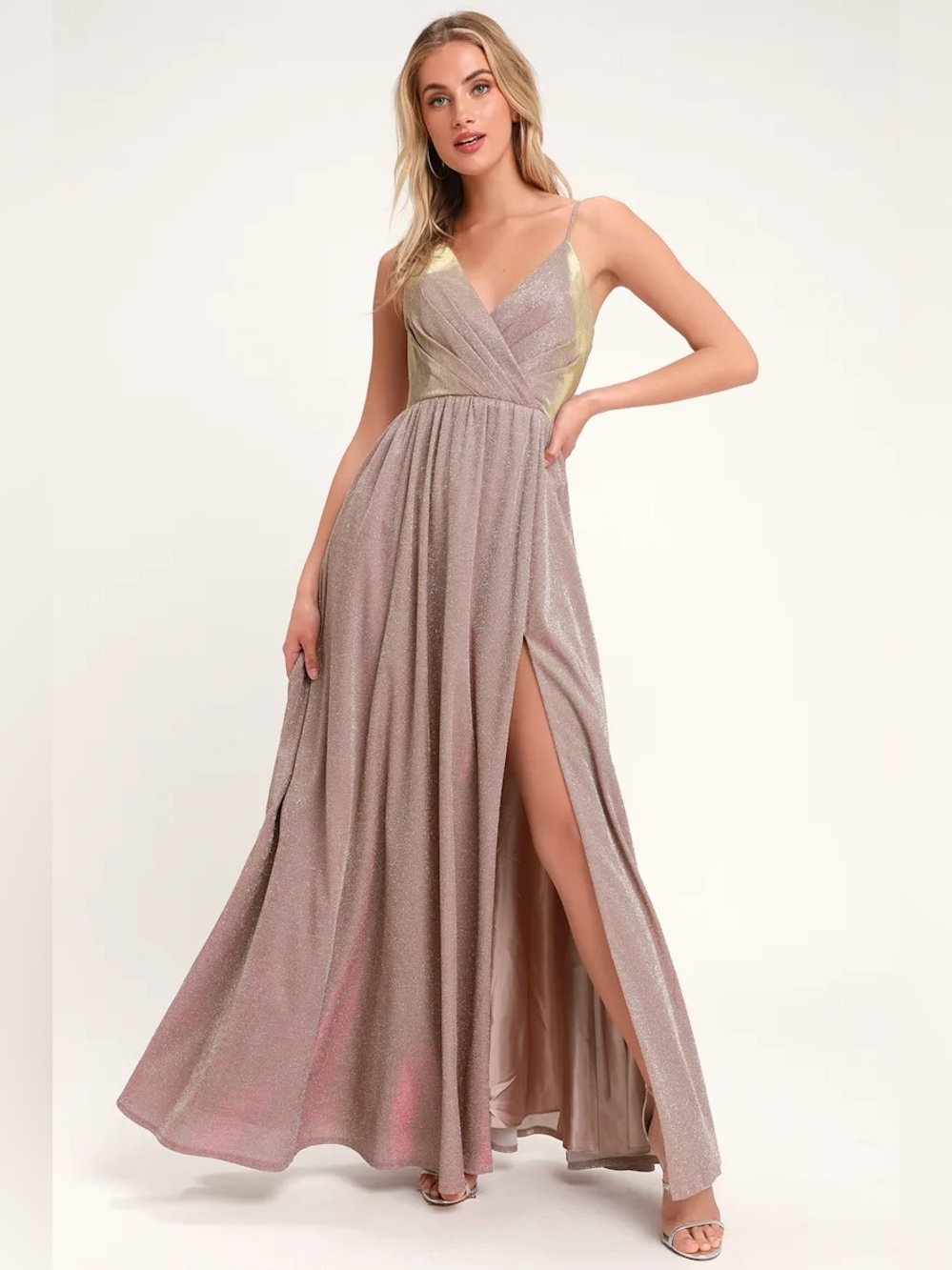 Lulu's Alnair Iridescent Blush Glitter Maxi Dress PinkRed V-Neck Spaghetti Strap